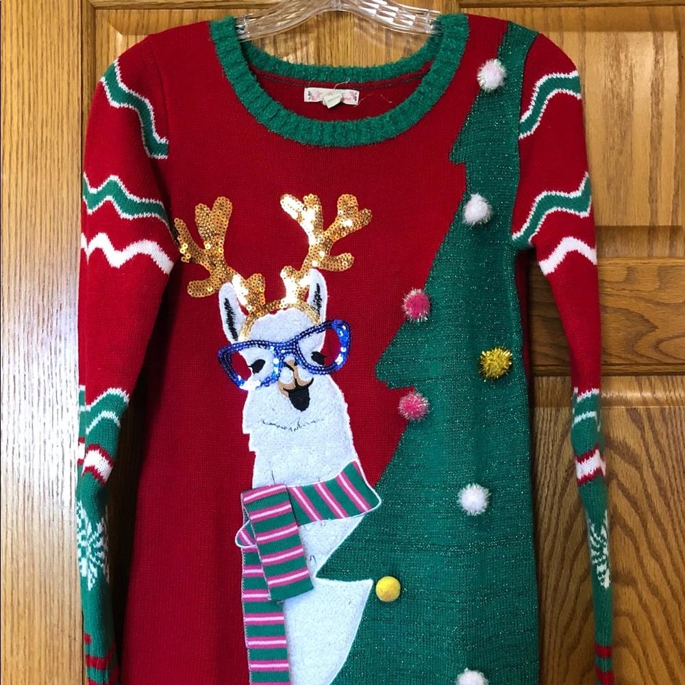 Holiday sweater, red with llama, size, medium, good condition.